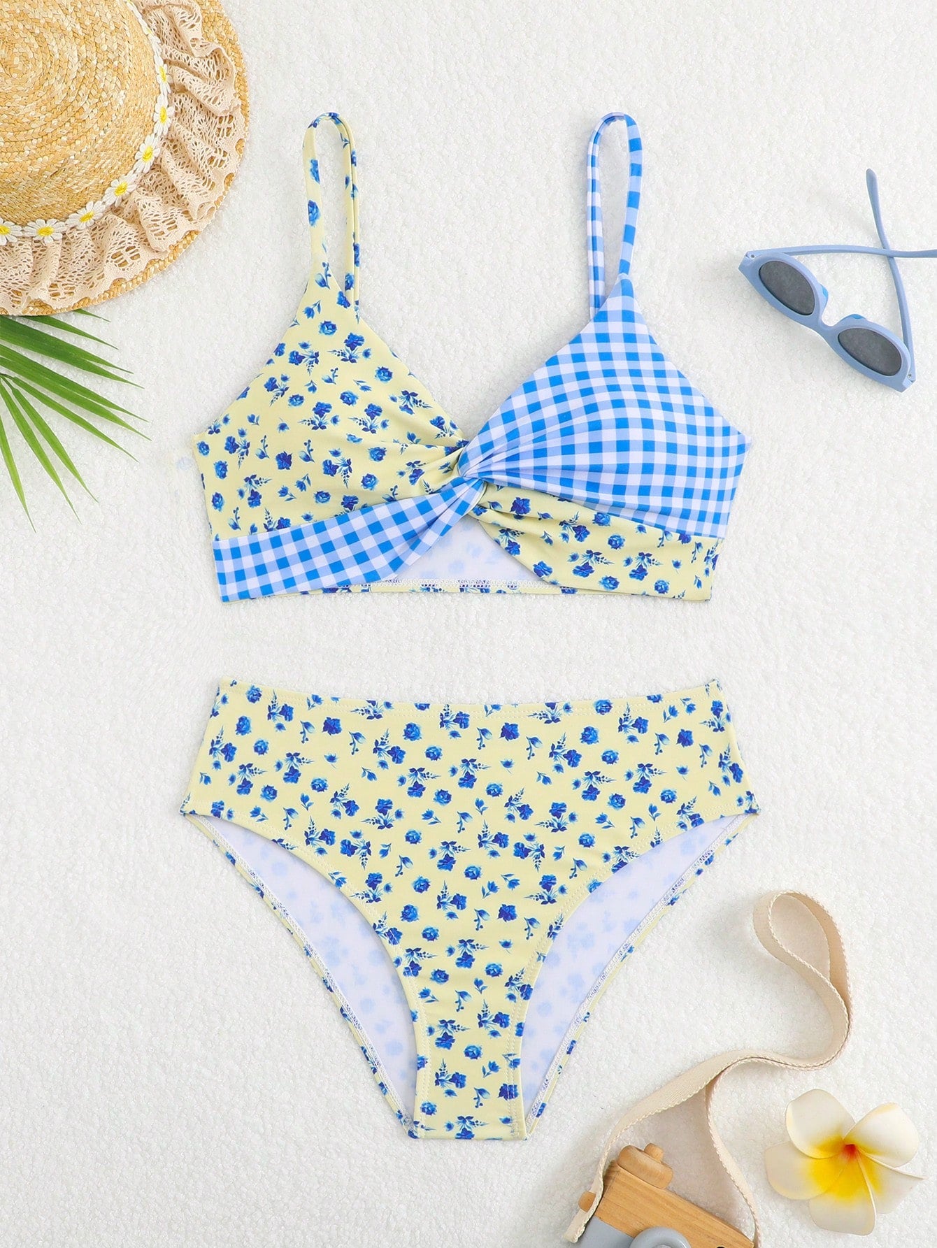 Tween girls multicolor striped 2-piece bikini set with spaghetti strap top, twist detail, and short high-waist or mid-waist swim bottoms for beach and pool wear.
