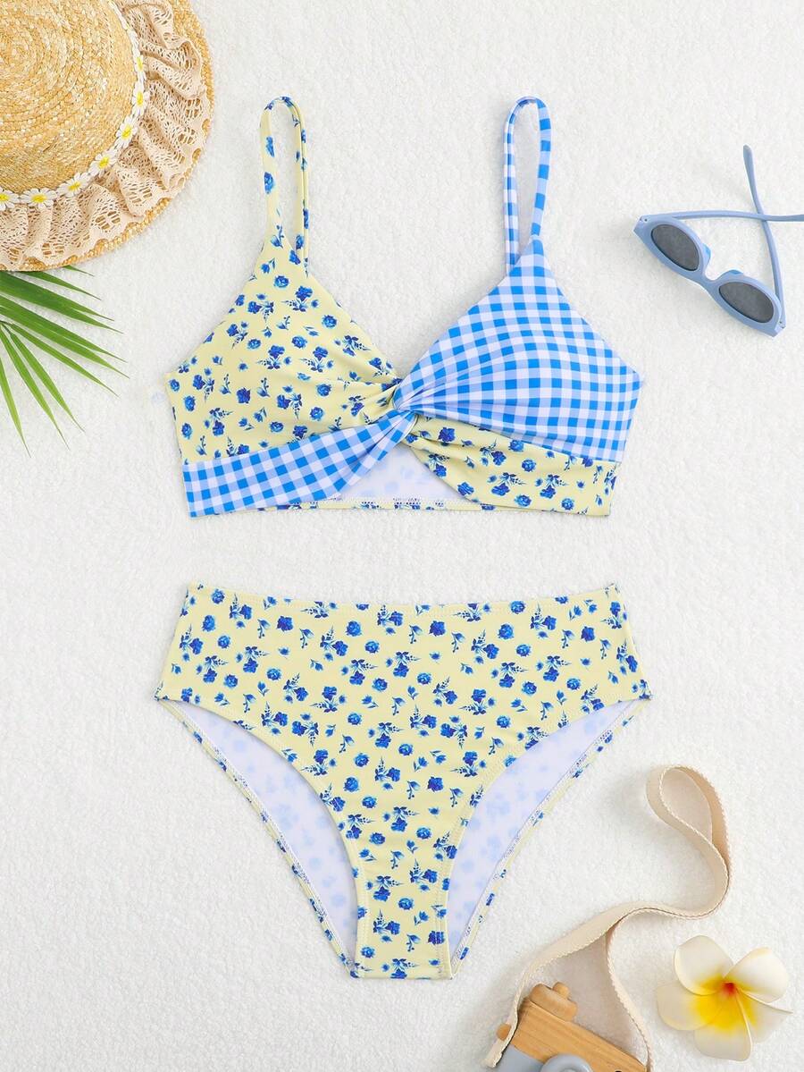 Tween girls multicolor striped 2-piece bikini set with spaghetti strap top, twist detail, and short high-waist or mid-waist swim bottoms for beach and pool wear.