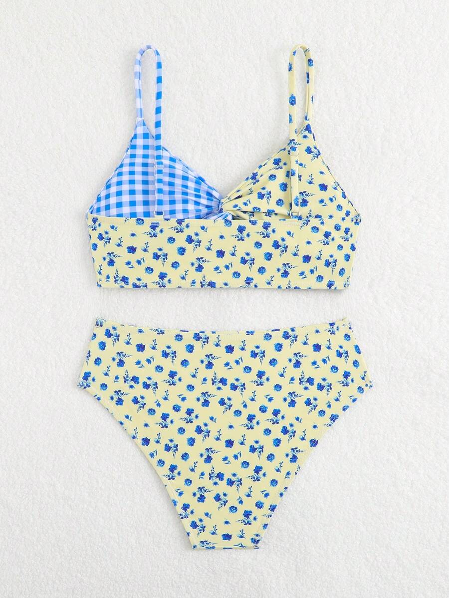 Tween girls multicolor striped 2-piece bikini set with spaghetti strap top, twist detail, and short high-waist or mid-waist swim bottoms for beach and pool wear.