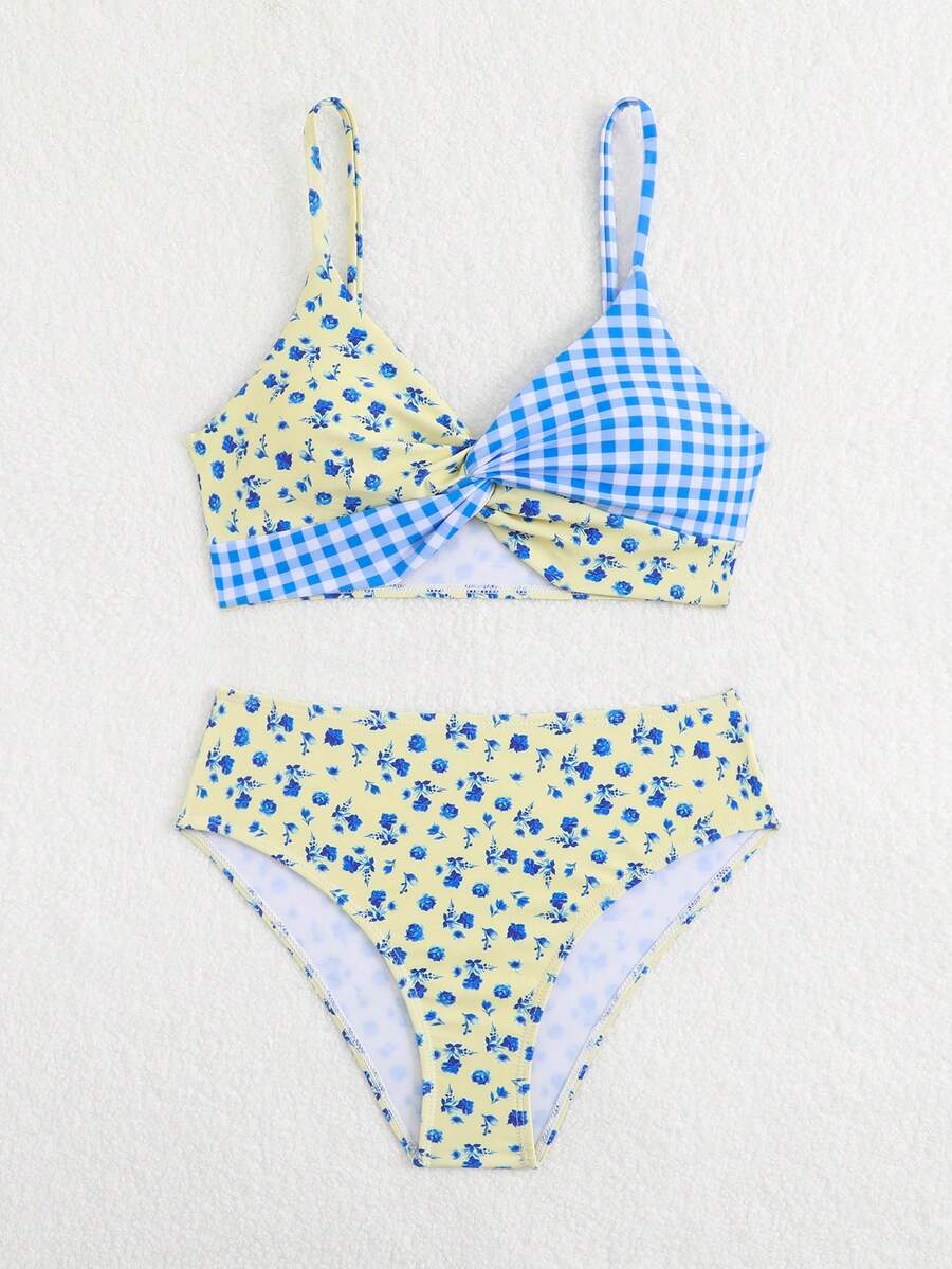 Tween girls multicolor striped 2-piece bikini set with spaghetti strap top, twist detail, and short high-waist or mid-waist swim bottoms for beach and pool wear.