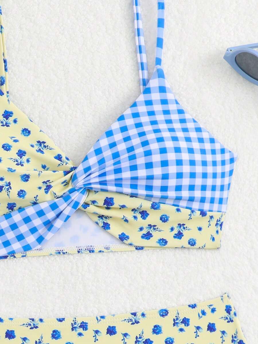 Tween girls multicolor striped 2-piece bikini set with spaghetti strap top, twist detail, and short high-waist or mid-waist swim bottoms for beach and pool wear.
