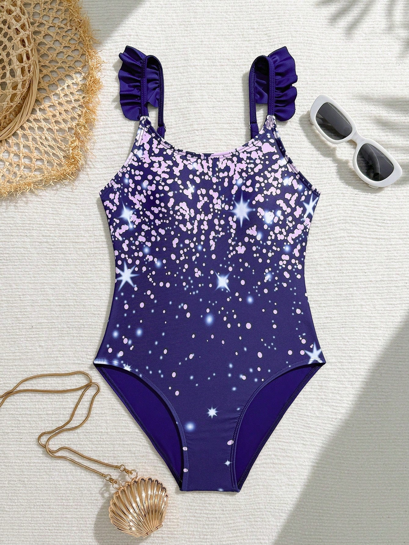 Tween girl one-piece swimsuit with floral plant print, asymmetrical neckline, cut-out detail, and fitted high-stretch design for beach and pool wear