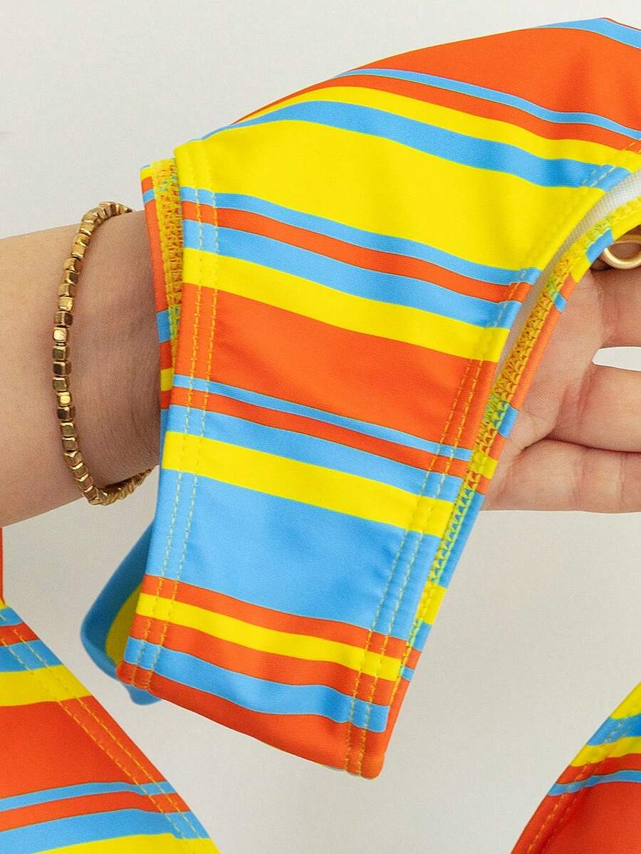 Women's striped halter two-piece swimsuit featuring a lace-up triangle top with removable padding and high-cut low-waist bikini bottoms.