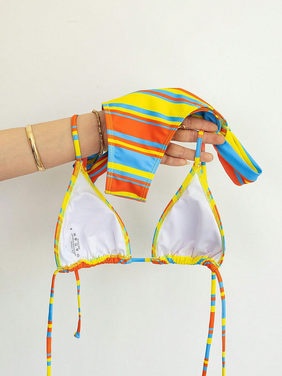 Women's striped halter two-piece swimsuit featuring a lace-up triangle top with removable padding and high-cut low-waist bikini bottoms.