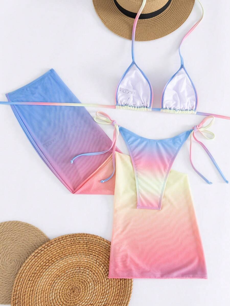 Women's 3-piece gradient bikini set featuring a green halter tie top with removable padding, low waist bottoms, and a matching sheer mesh skirt.