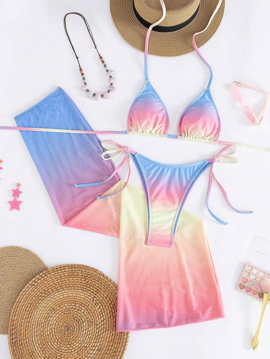 Women's 3-piece gradient bikini set featuring a green halter tie top with removable padding, low waist bottoms, and a matching sheer mesh skirt.