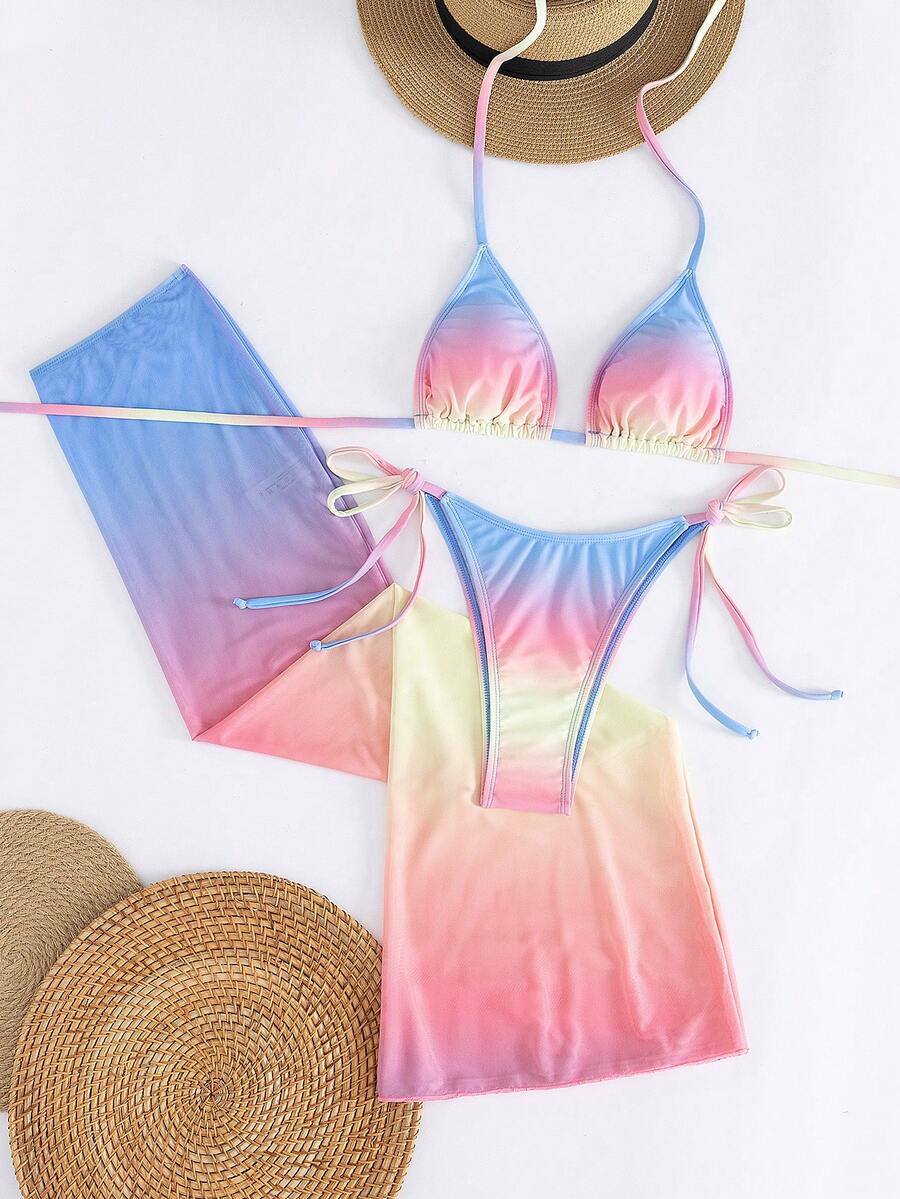 Women's 3-piece gradient bikini set featuring a green halter tie top with removable padding, low waist bottoms, and a matching sheer mesh skirt.