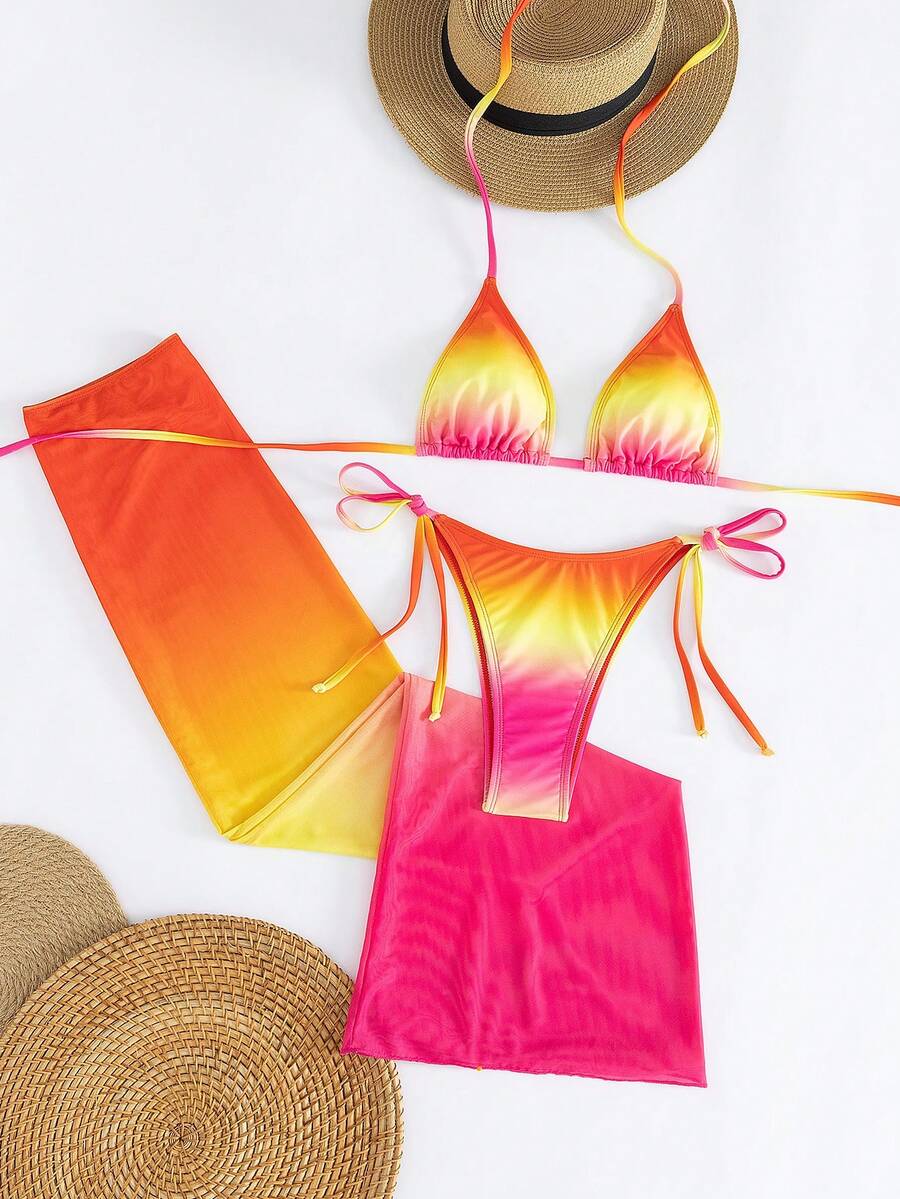 Women's 3-piece gradient bikini set featuring a green halter tie top with removable padding, low waist bottoms, and a matching sheer mesh skirt.