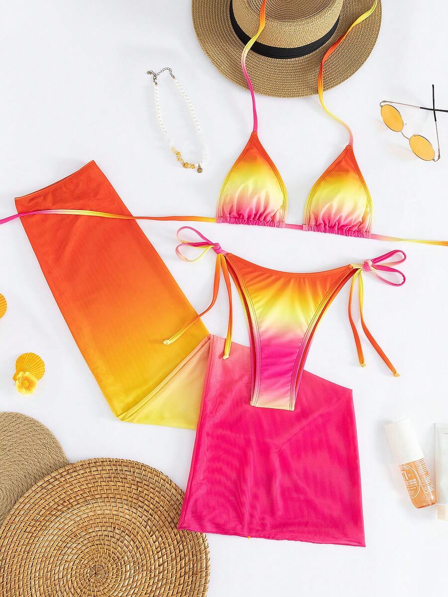 Women's 3-piece gradient bikini set featuring a green halter tie top with removable padding, low waist bottoms, and a matching sheer mesh skirt.