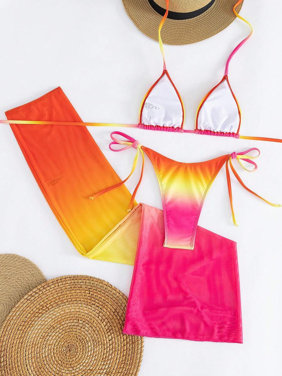 Women's 3-piece gradient bikini set featuring a green halter tie top with removable padding, low waist bottoms, and a matching sheer mesh skirt.