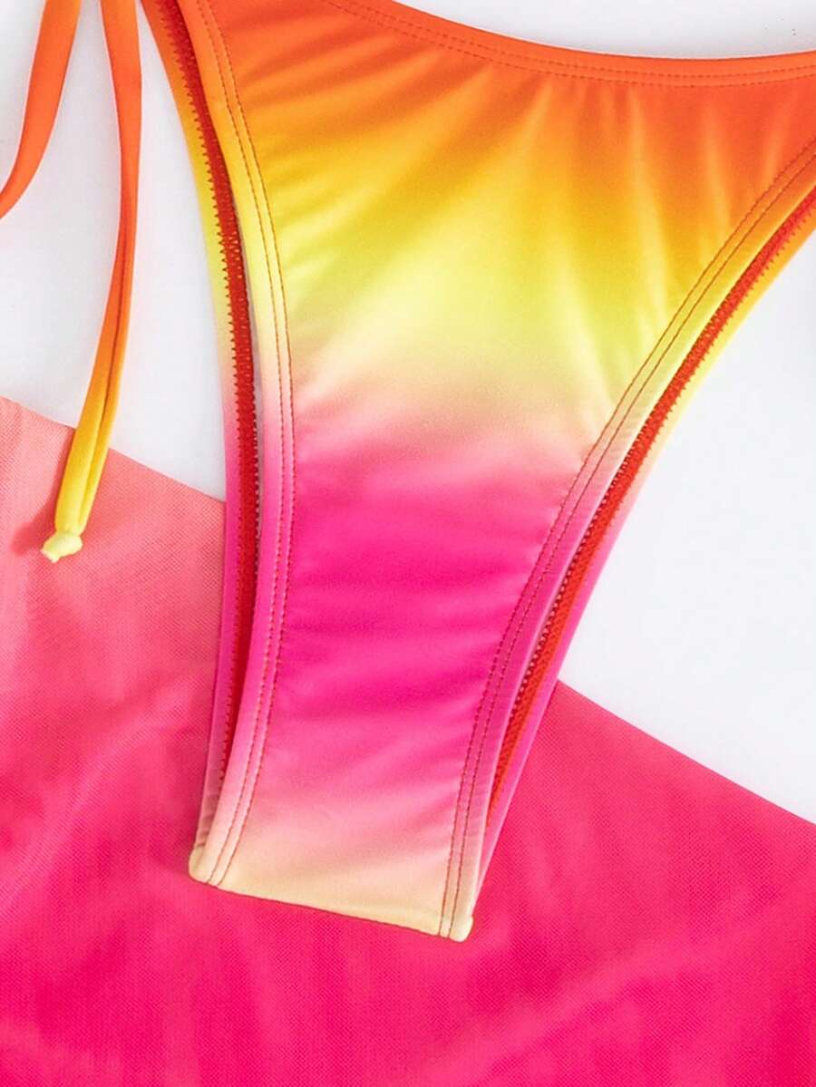 Women's 3-piece gradient bikini set featuring a green halter tie top with removable padding, low waist bottoms, and a matching sheer mesh skirt.