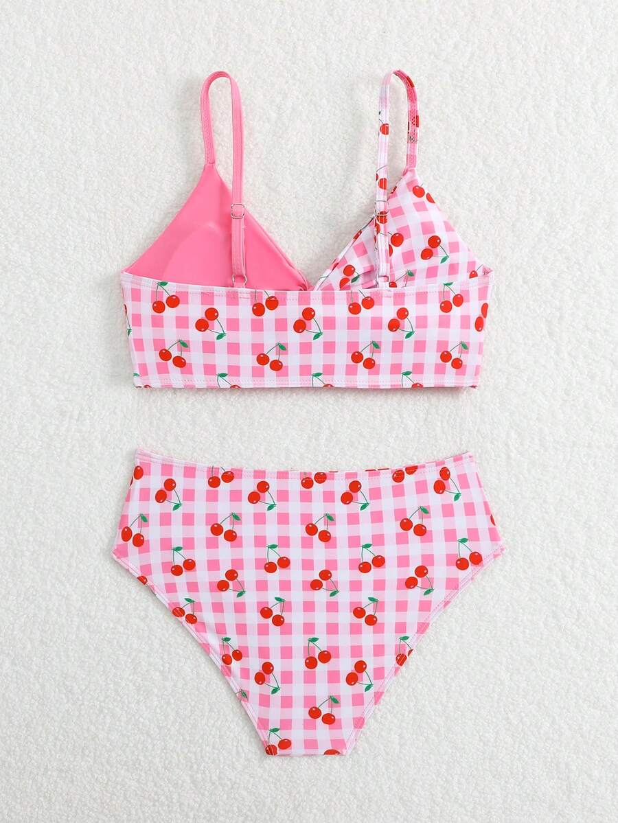 Tween girls multicolor striped 2-piece bikini set with spaghetti strap top, twist detail, and short high-waist or mid-waist swim bottoms for beach and pool wear.