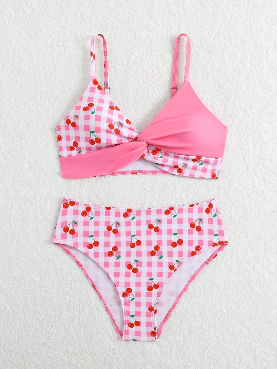 Tween girls multicolor striped 2-piece bikini set with spaghetti strap top, twist detail, and short high-waist or mid-waist swim bottoms for beach and pool wear.