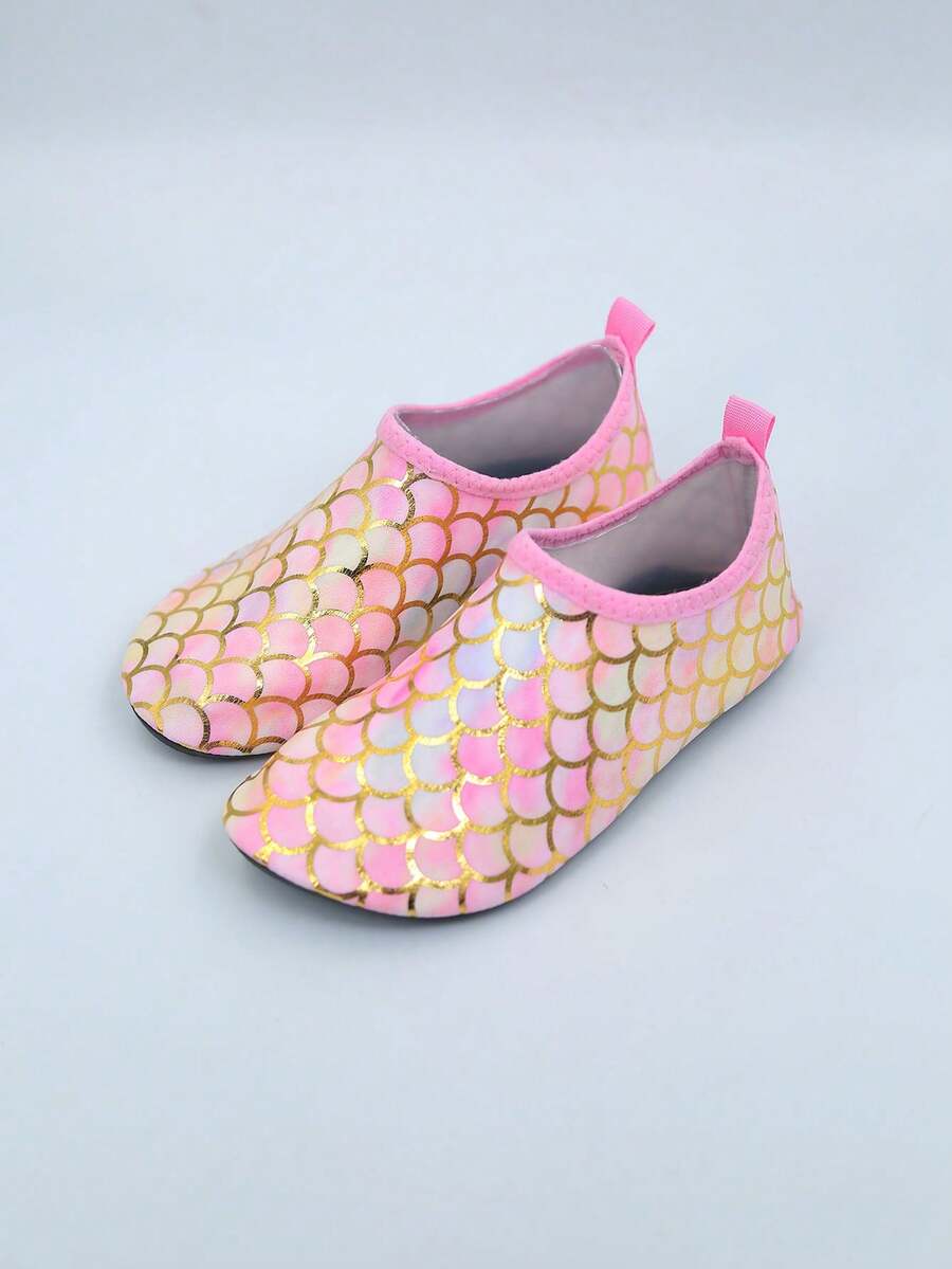 Multicolor kids slip-on water shoes with breathable Lycra upper and non-slip TPR outsole for boys and girls.