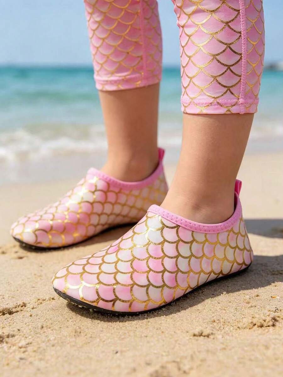Multicolor kids slip-on water shoes with breathable Lycra upper and non-slip TPR outsole for boys and girls.