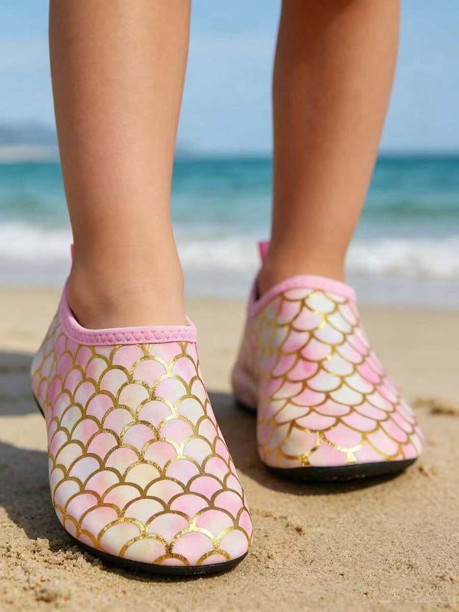 Multicolor kids slip-on water shoes with breathable Lycra upper and non-slip TPR outsole for boys and girls.