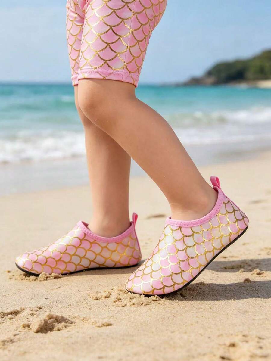 Multicolor kids slip-on water shoes with breathable Lycra upper and non-slip TPR outsole for boys and girls.