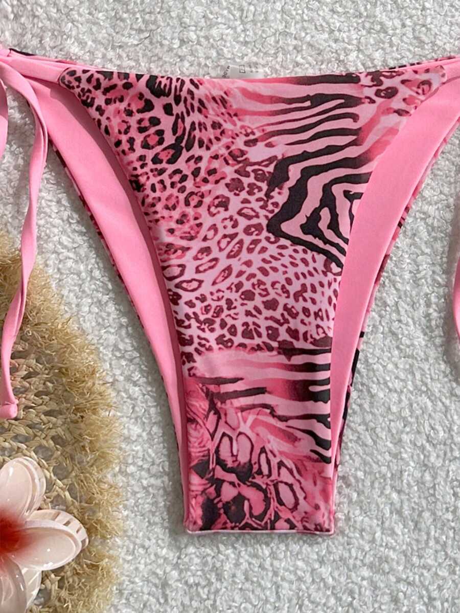 Women's vintage leopard print 2-piece bikini set featuring a high waist tie-side bottom and a halter neck triangle top.