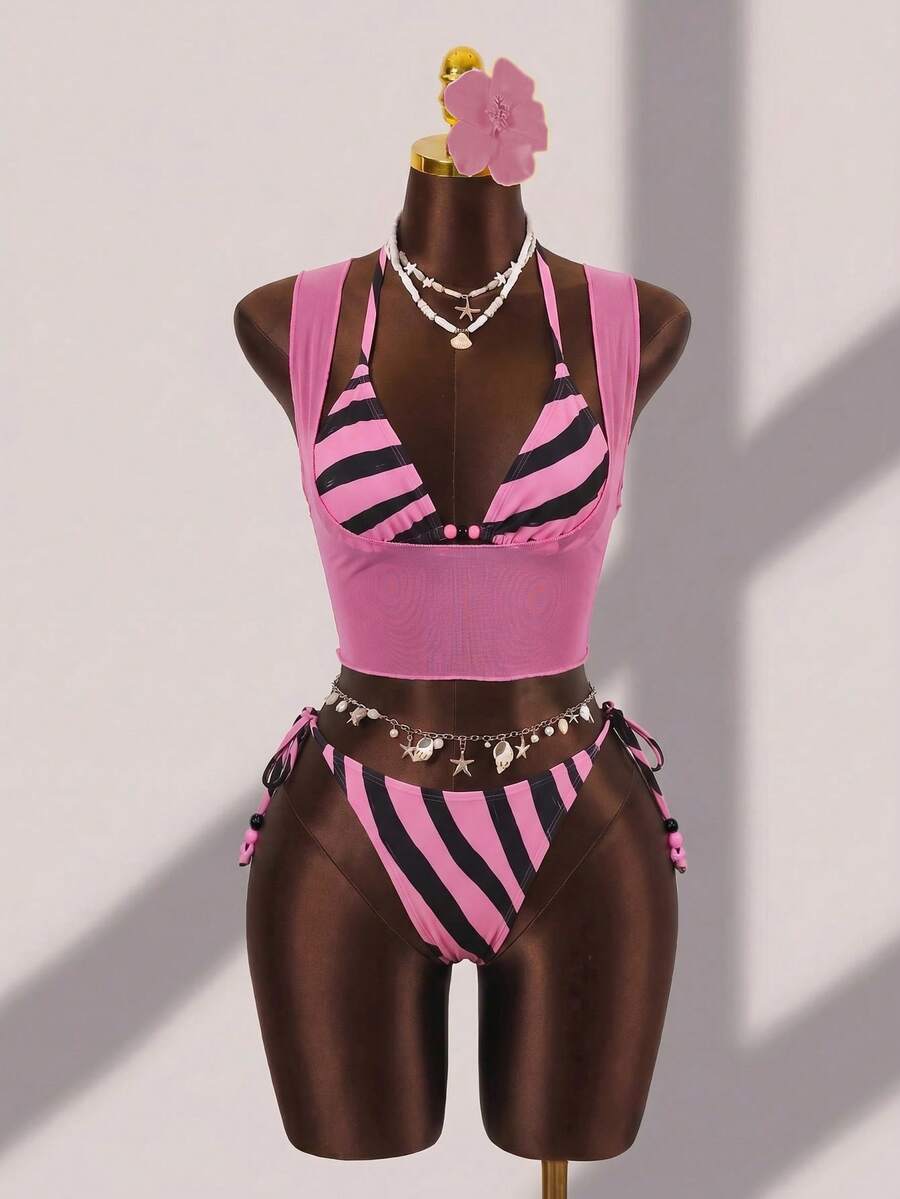 Brown striped 3-piece bikini set for women featuring a halter tie neck, wireless triangle cups with removable padding, cut-out details, and low waist tie side bottoms.