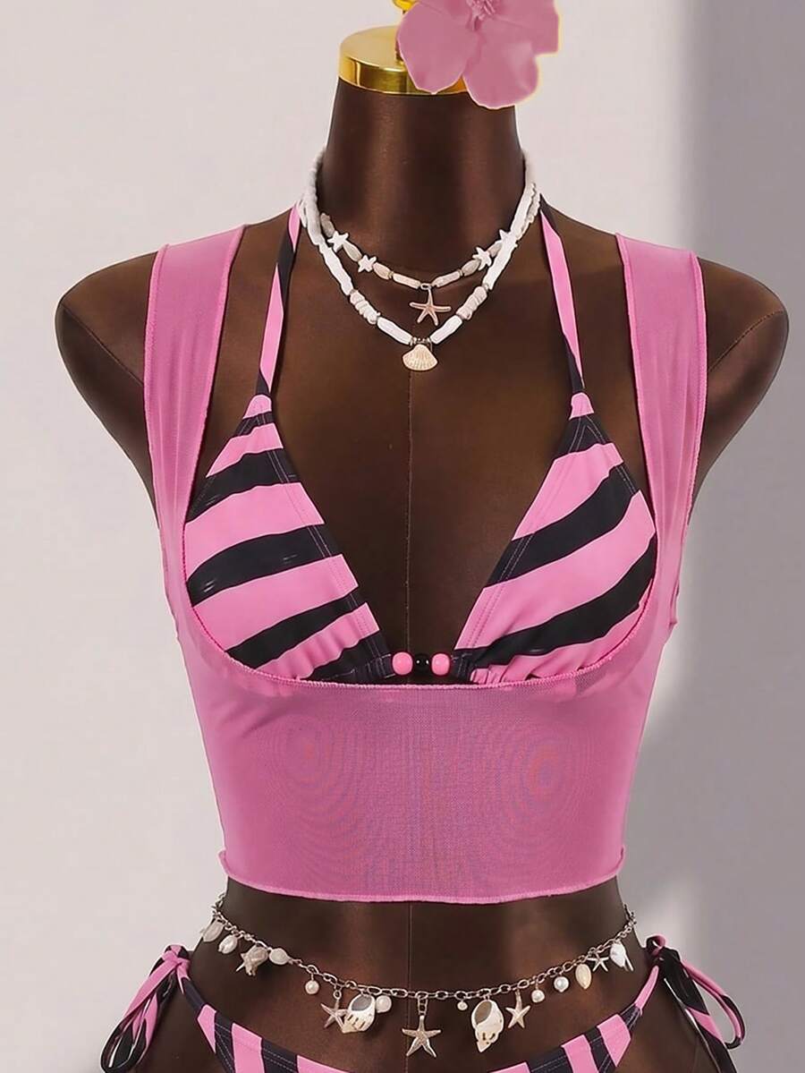 Brown striped 3-piece bikini set for women featuring a halter tie neck, wireless triangle cups with removable padding, cut-out details, and low waist tie side bottoms.