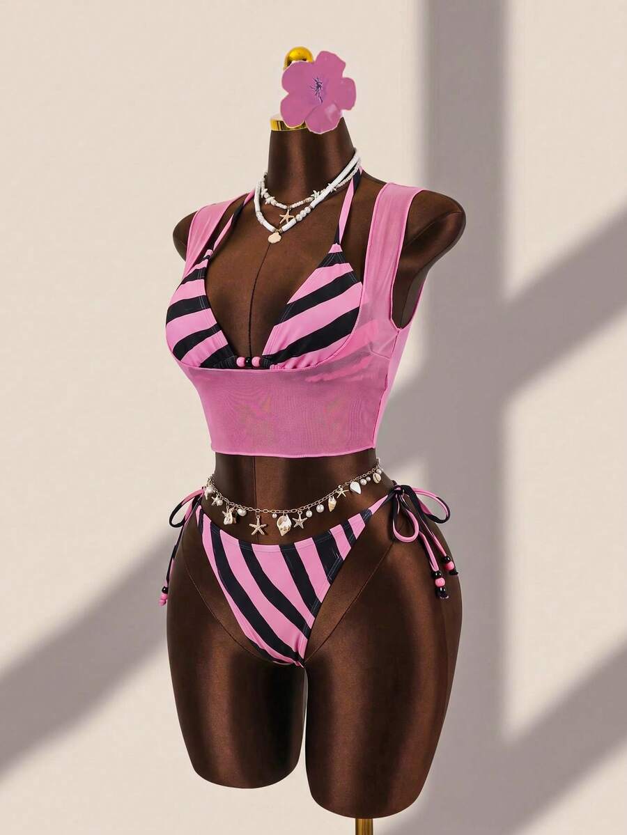 Brown striped 3-piece bikini set for women featuring a halter tie neck, wireless triangle cups with removable padding, cut-out details, and low waist tie side bottoms.