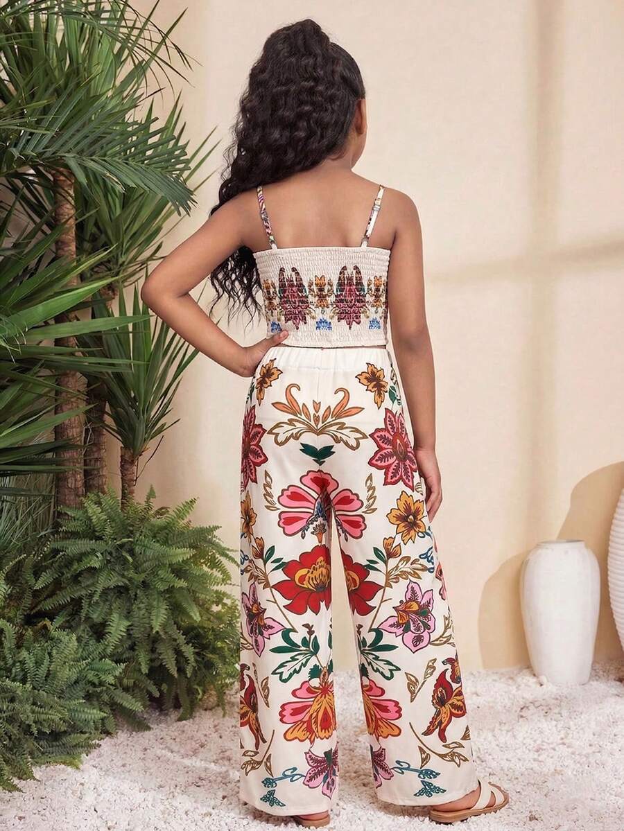 Tween girls casual 2-piece set featuring an apricot woven camisole crop top with back shirring and matching high-waisted loose long pants.