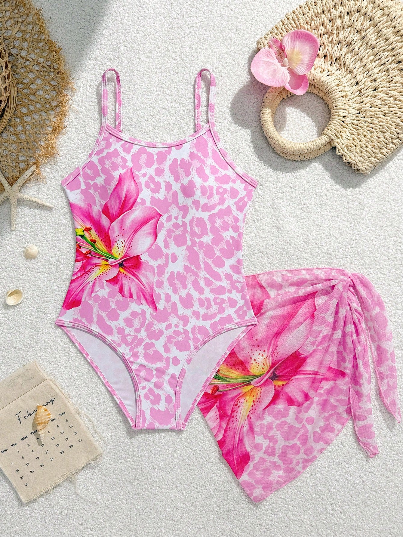 Tween girls baby pink multicolor floral print spaghetti strap one-piece swimsuit with matching ruffle skirt for swimming and summer vacation