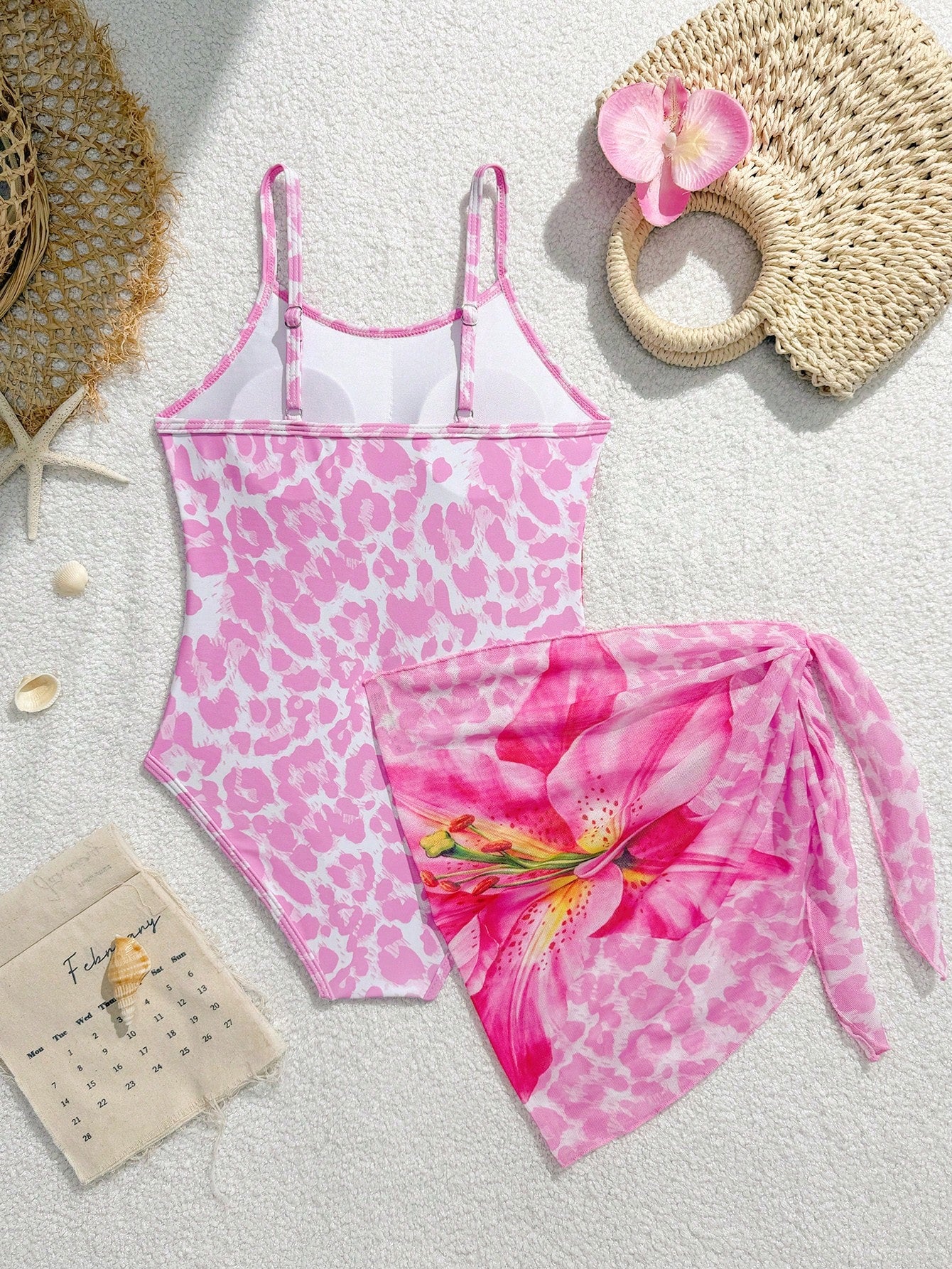 Tween girls baby pink multicolor floral print spaghetti strap one-piece swimsuit with matching ruffle skirt for swimming and summer vacation