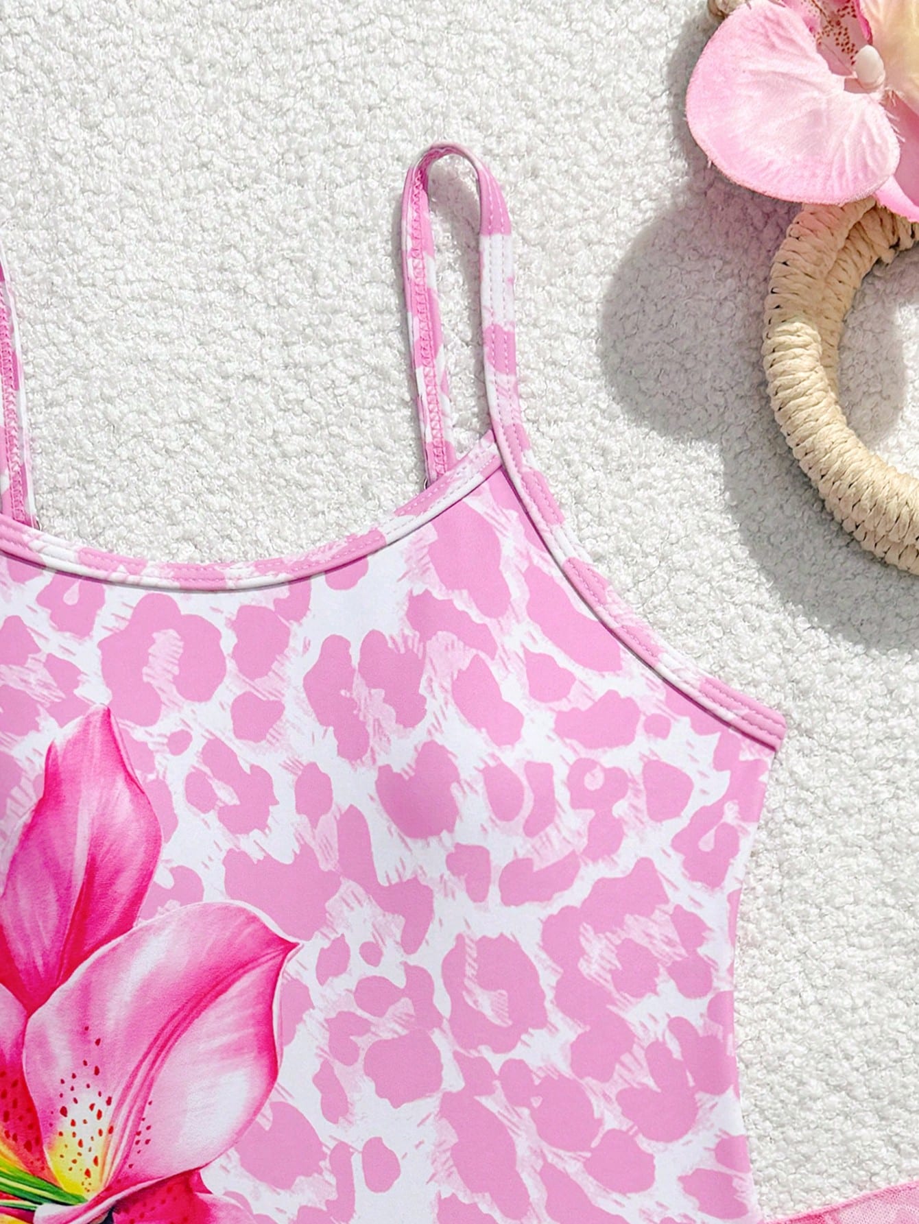Tween girls baby pink multicolor floral print spaghetti strap one-piece swimsuit with matching ruffle skirt for swimming and summer vacation