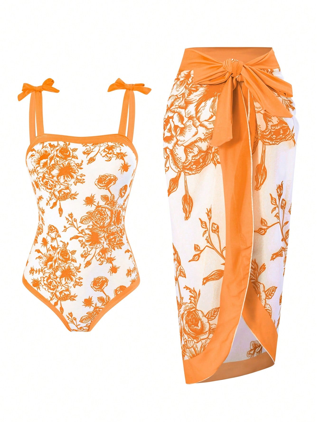 Tween girl black floral one-piece swimsuit set with spaghetti straps, asymmetrical detail, bow decor, and mid-waist bottom for beach, pool, and summer vacation wear.