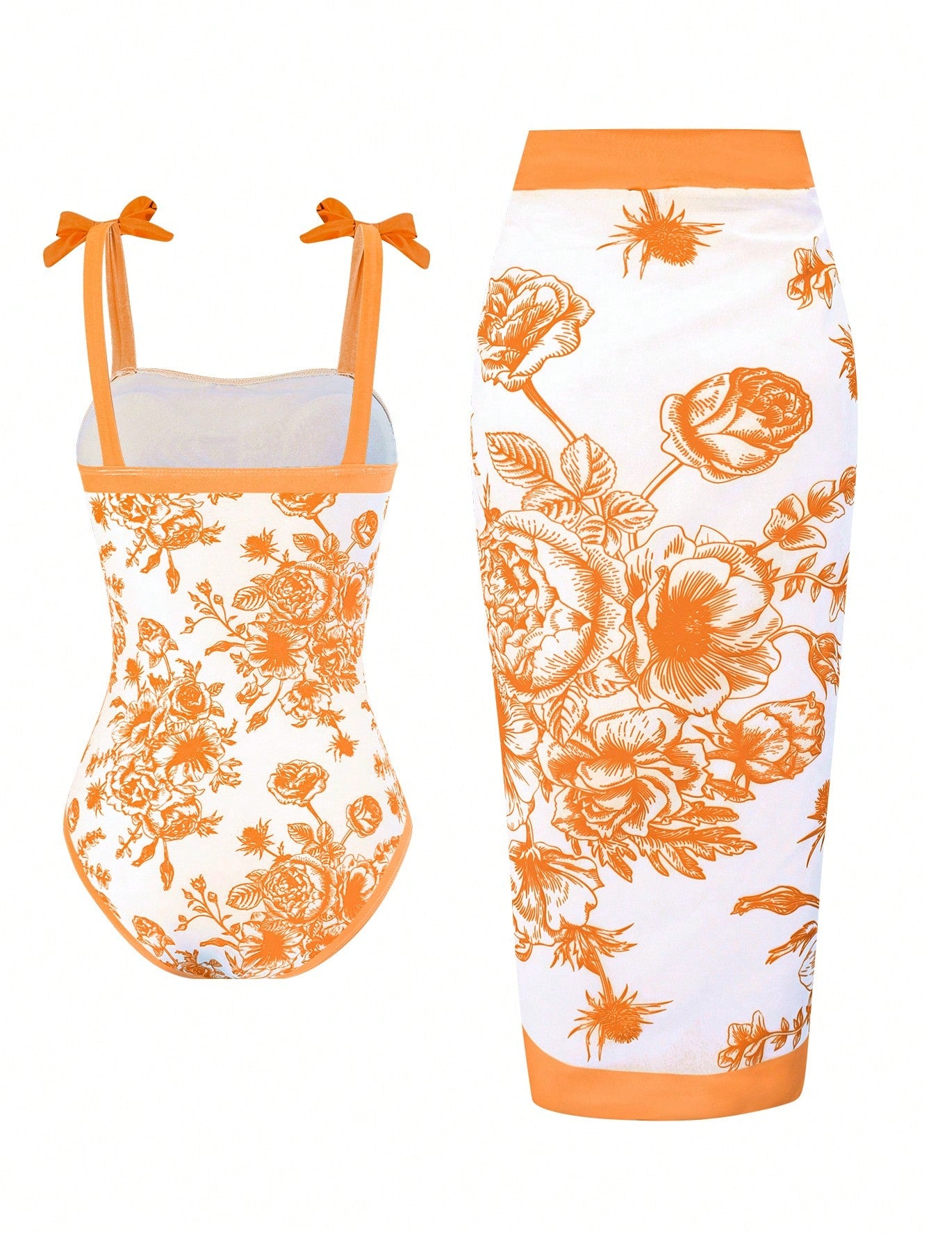 Tween girl black floral one-piece swimsuit set with spaghetti straps, asymmetrical detail, bow decor, and mid-waist bottom for beach, pool, and summer vacation wear.