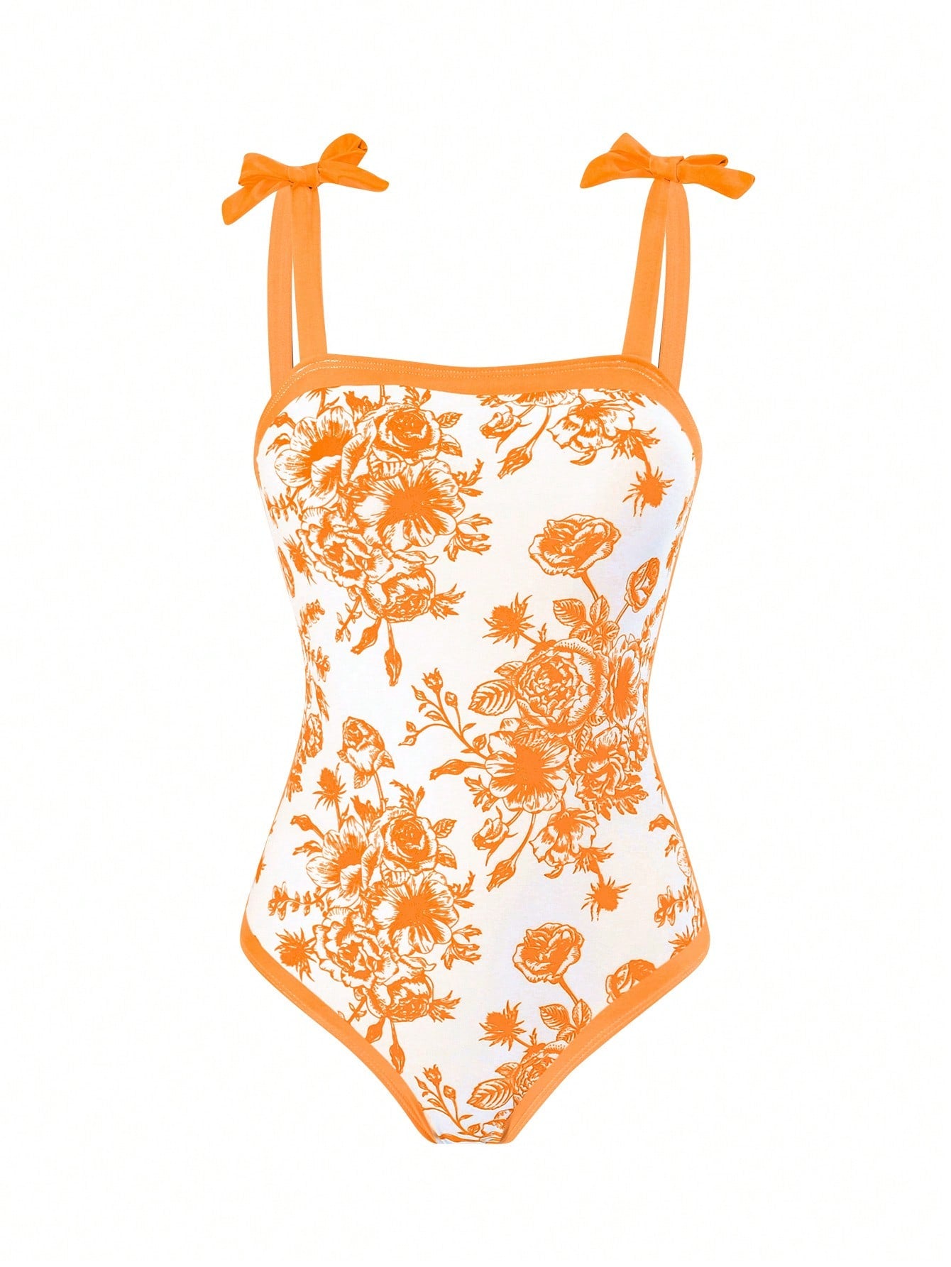 Tween girl black floral one-piece swimsuit set with spaghetti straps, asymmetrical detail, bow decor, and mid-waist bottom for beach, pool, and summer vacation wear.