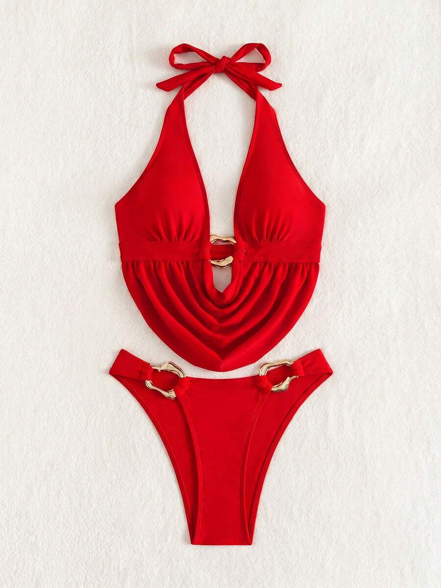 Women's 2-piece bikini set featuring a black deep V-neck lace-up crop top and high cut bikini bottom for beach and vacation wear.