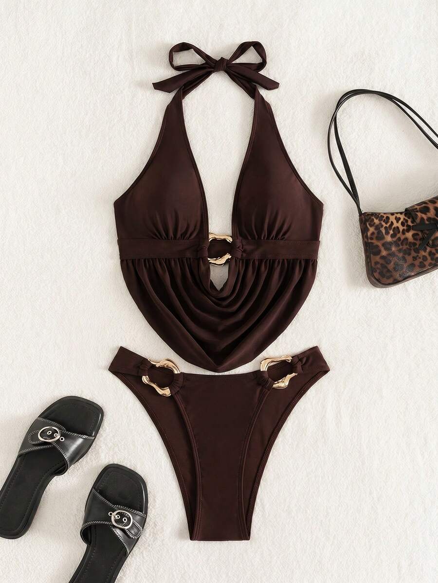 Women's 2-piece bikini set featuring a black deep V-neck lace-up crop top and high cut bikini bottom for beach and vacation wear.