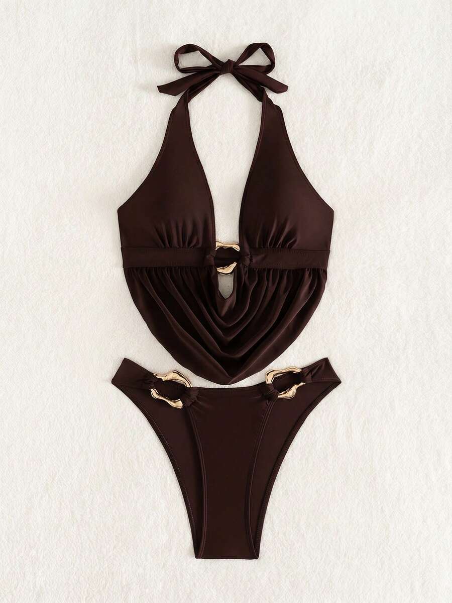 Women's 2-piece bikini set featuring a black deep V-neck lace-up crop top and high cut bikini bottom for beach and vacation wear.