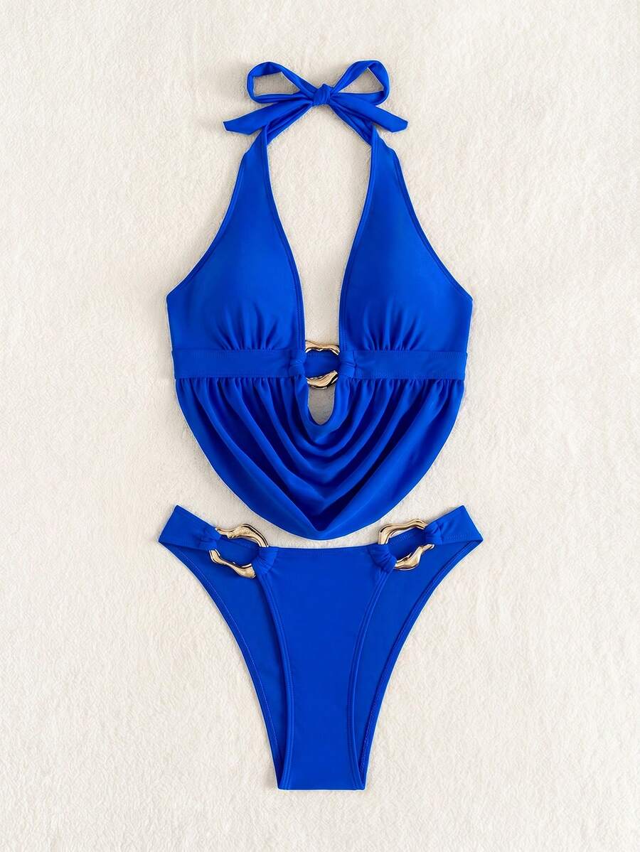 Women's 2-piece bikini set featuring a black deep V-neck lace-up crop top and high cut bikini bottom for beach and vacation wear.