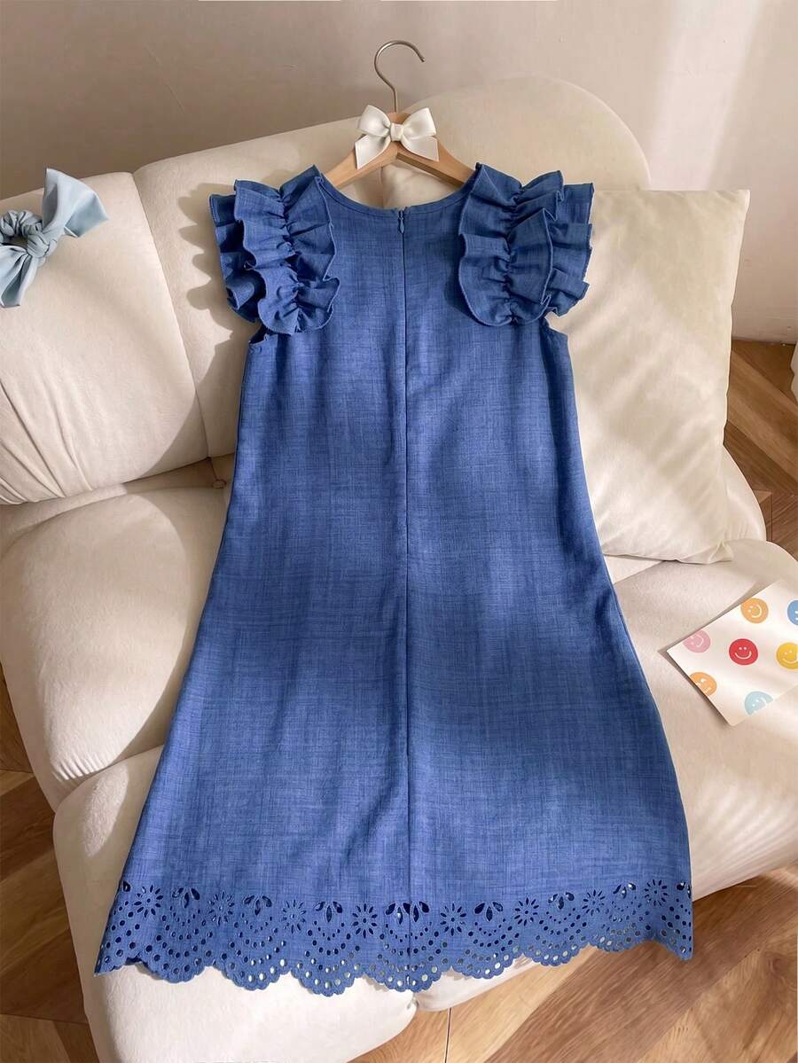 Tween girls apricot vacation midi dress featuring a round neck, cut out details, ruffle flounce accents, and geometric pattern.