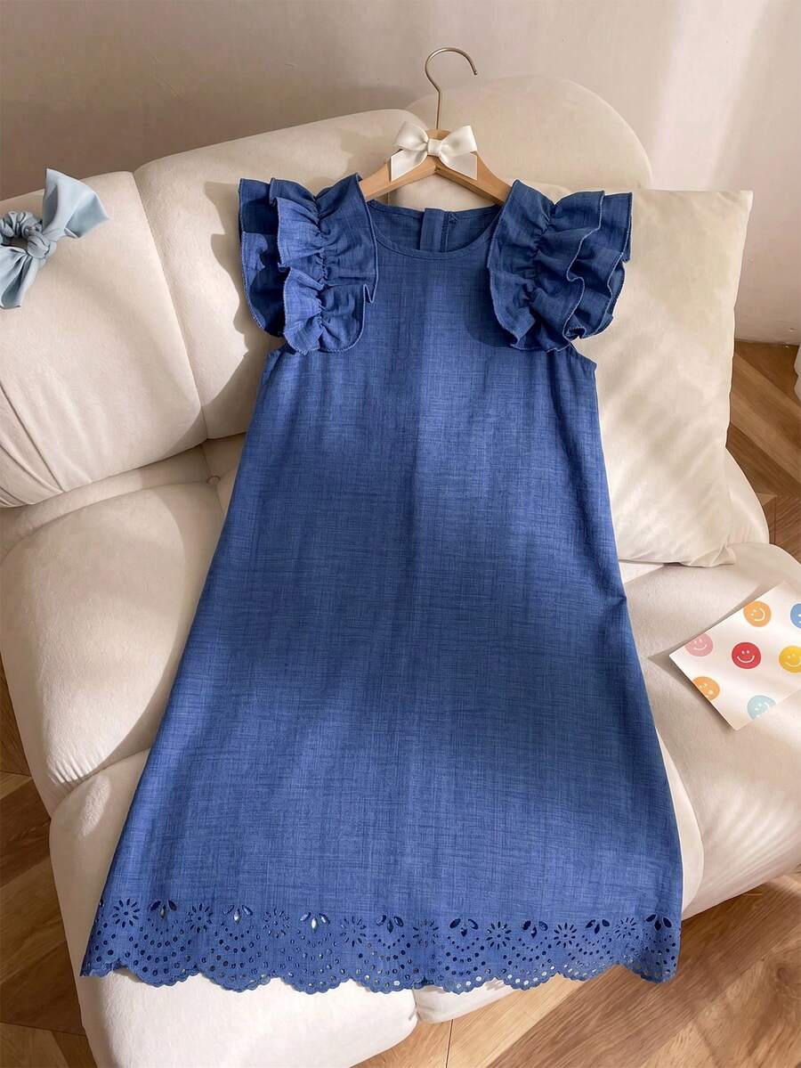 Tween girls apricot vacation midi dress featuring a round neck, cut out details, ruffle flounce accents, and geometric pattern.