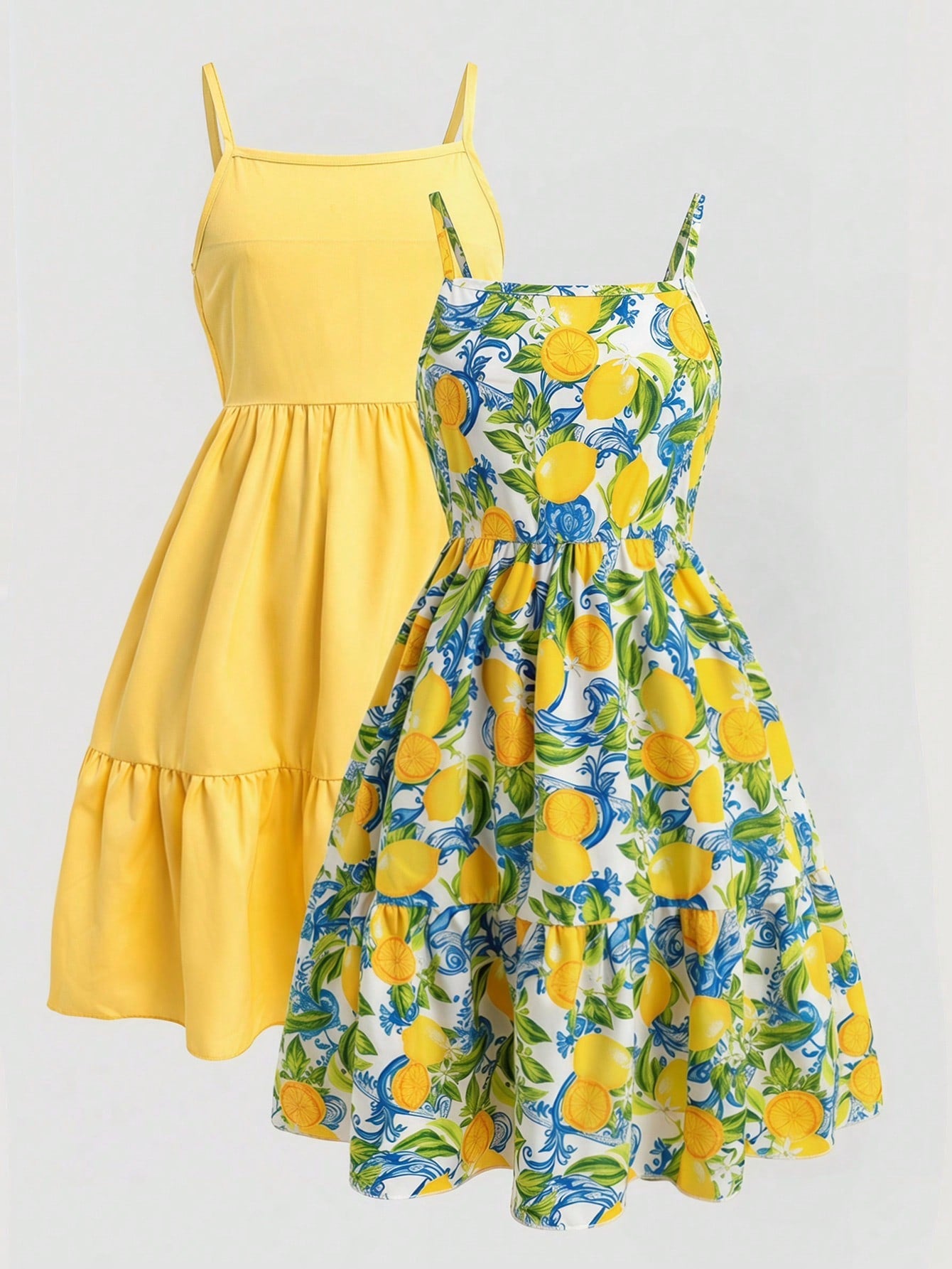 Tween girl blue plant print spaghetti strap cami dress with shirred high waist and flounce ruffled hem