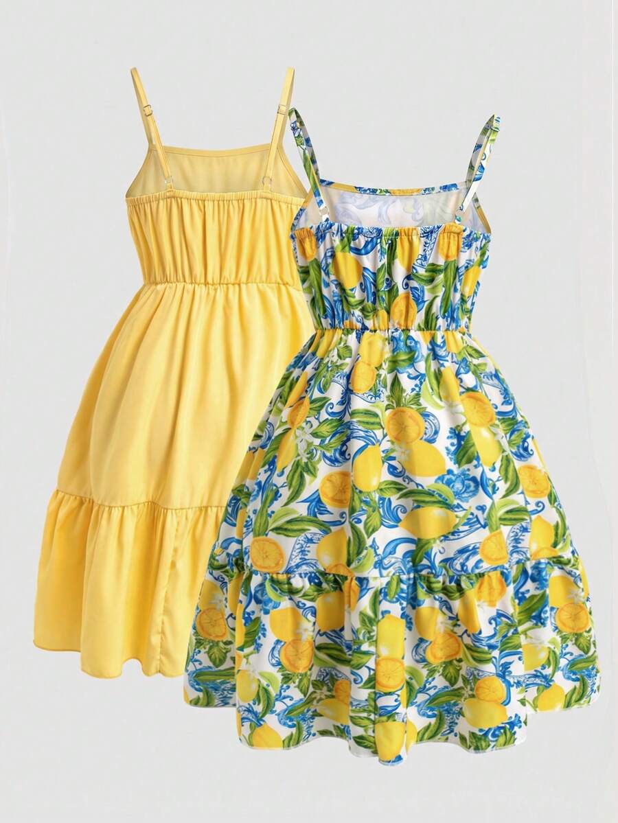 Tween girl blue plant print spaghetti strap cami dress with shirred high waist and flounce ruffled hem