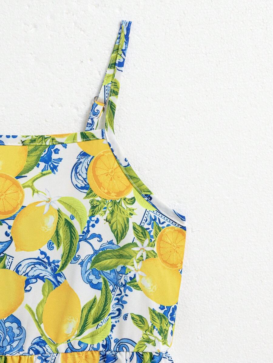 Tween girl blue plant print spaghetti strap cami dress with shirred high waist and flounce ruffled hem