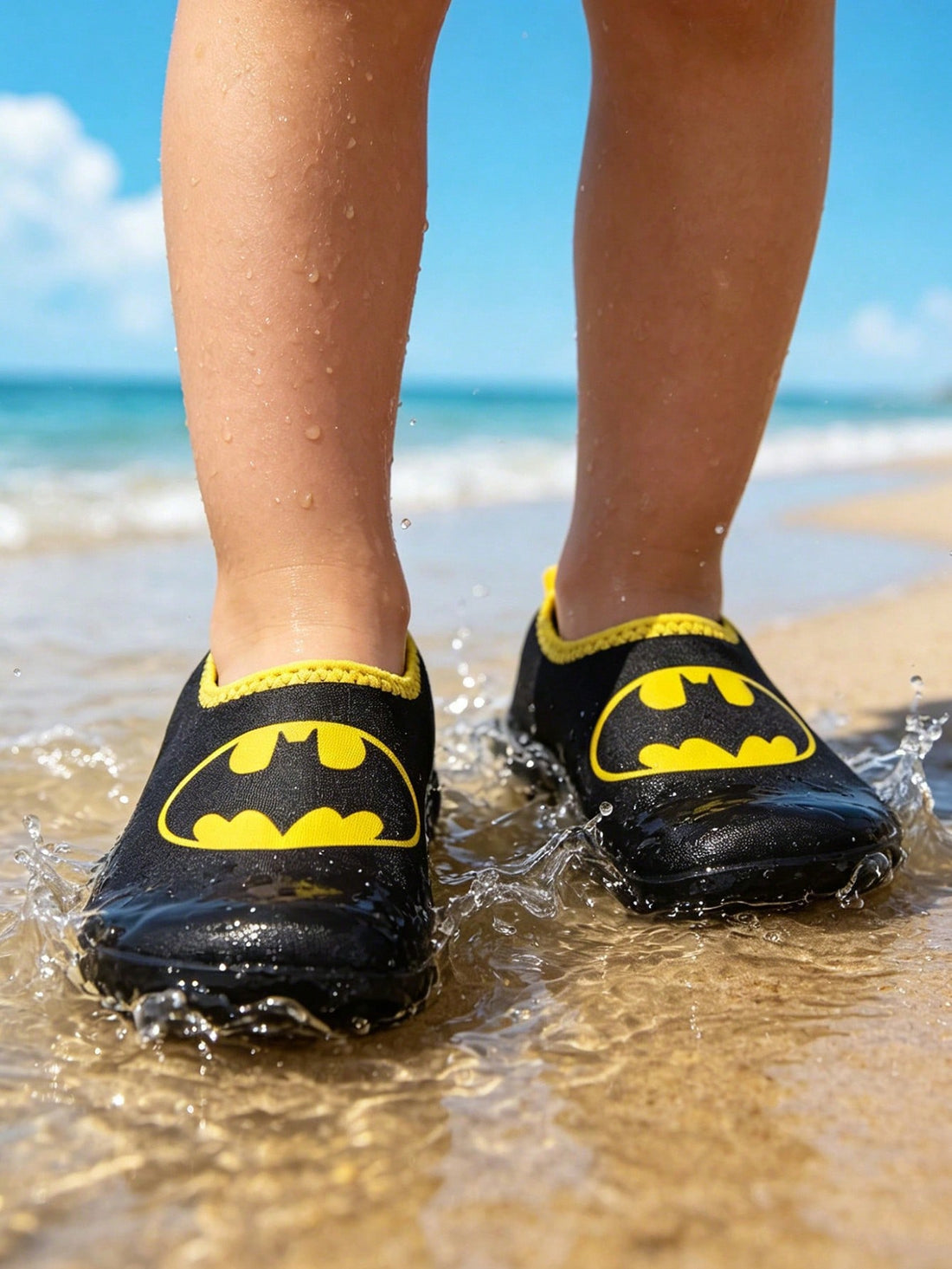 Girls cartoon pattern non-slip water shoes with slip-on closure and durable TPR outsole for beach and outdoor sports.