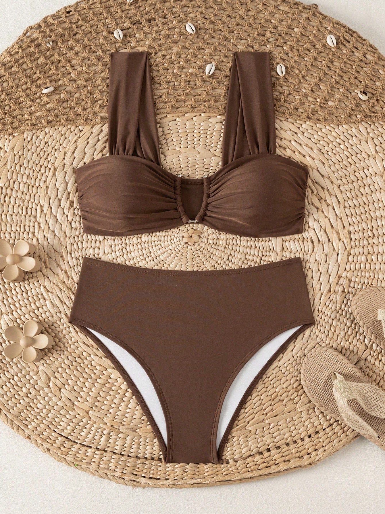 Springbreak black high waist bikini set for women featuring wireless bra top with ruffle lettuce trim and V-wired detail.