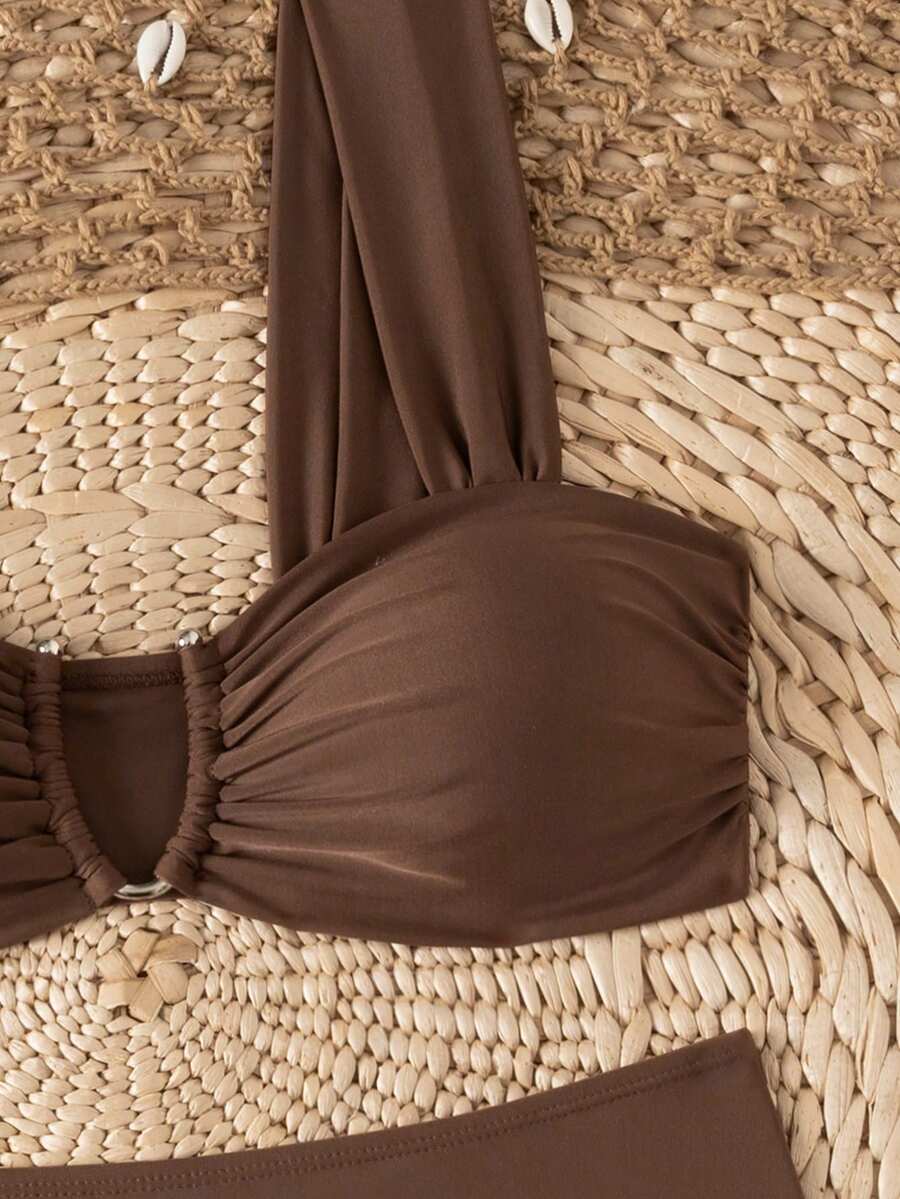 Springbreak black high waist bikini set for women featuring wireless bra top with ruffle lettuce trim and V-wired detail.