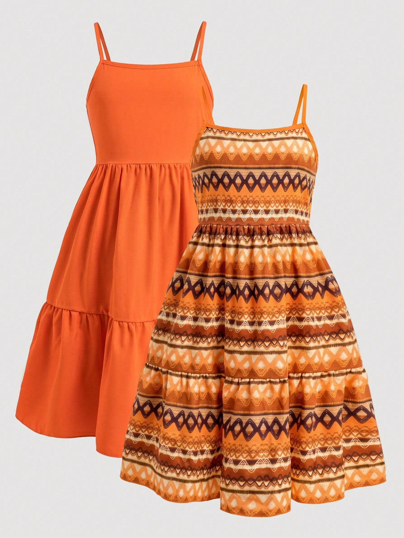 Tween girl blue plant print spaghetti strap cami dress with shirred high waist and flounce ruffled hem