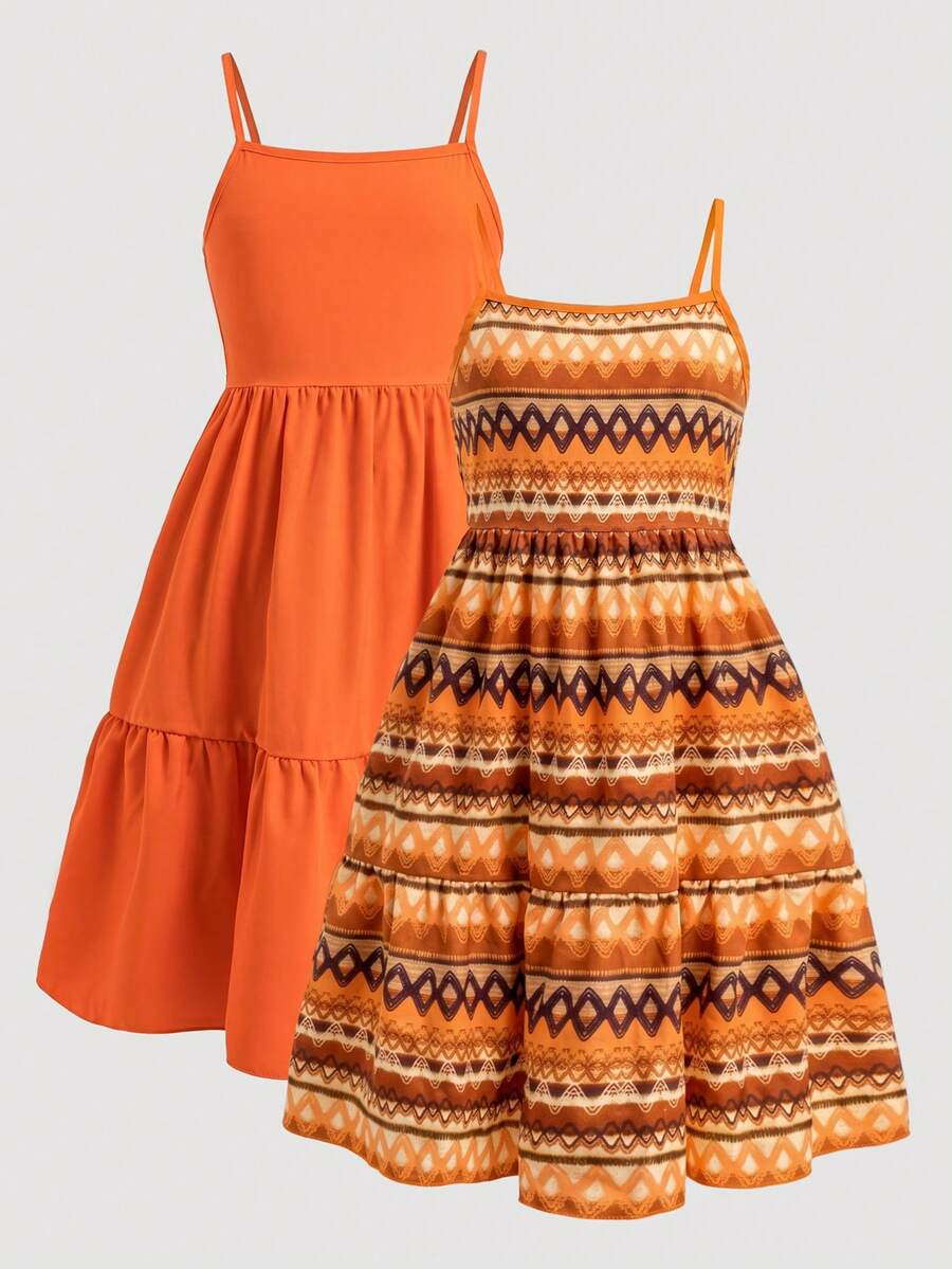 Tween girl blue plant print spaghetti strap cami dress with shirred high waist and flounce ruffled hem