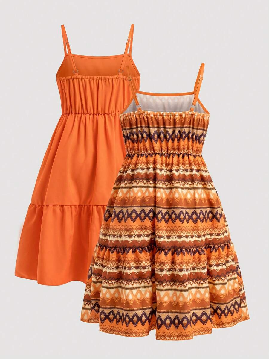 Tween girl blue plant print spaghetti strap cami dress with shirred high waist and flounce ruffled hem