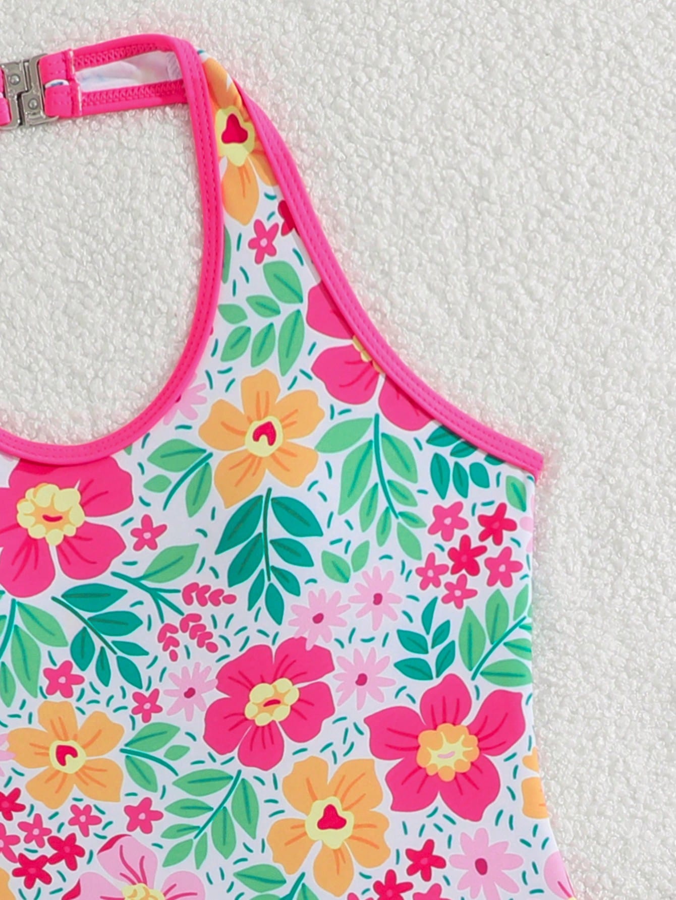 Girls 2-piece swimwear set featuring a butterfly print halter swimsuit top with contrast piping and separate mid-waist shorts; sleeveless, high-stretch, wireless design for beach and vacation wear.