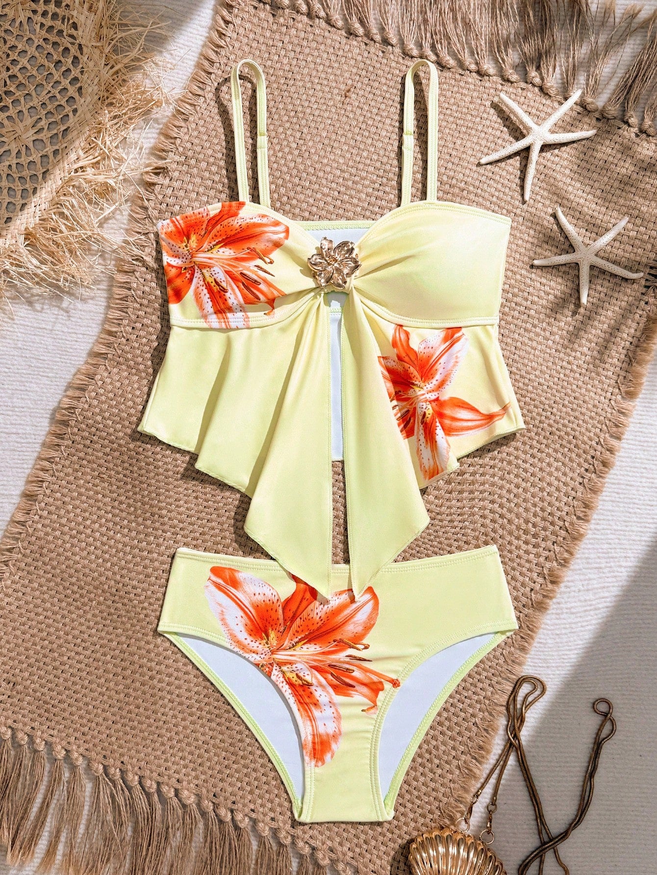 Tween girls 2-piece tankini swimwear set in apricot with a textured jacquard look, asymmetrical spaghetti-strap sleeveless top, and matching mid-waist short bikini bottoms.
