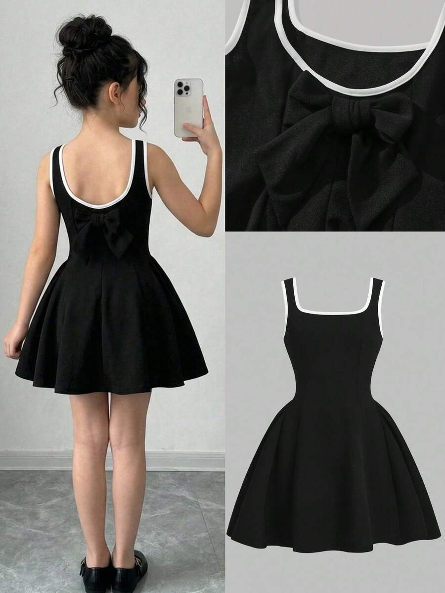 Apricot short-sleeve holiday party dress for tween girls featuring a square neckline, contrast lace details, high waist, flared A-line hem, and bowknot ruffle back detail.